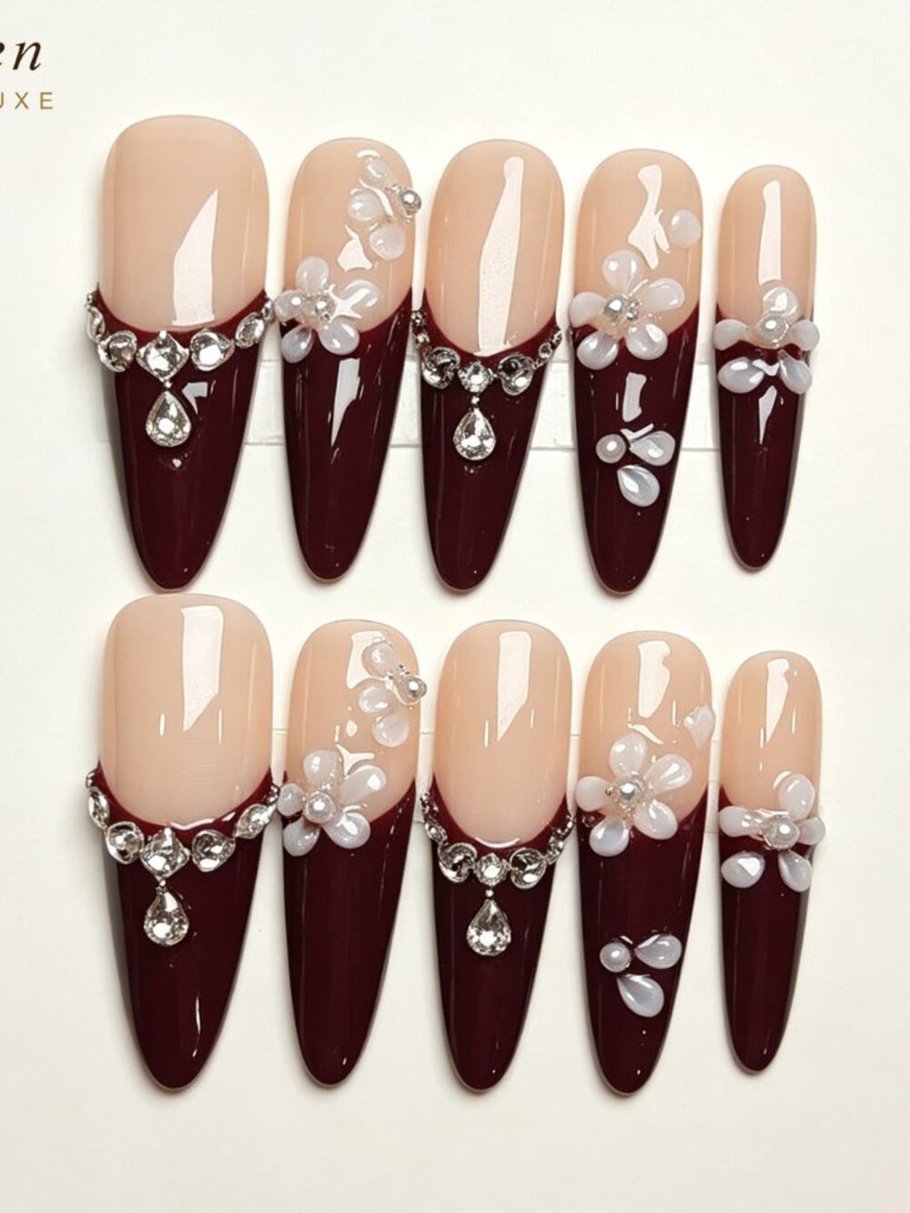 Dark Red French Tip Press On Nails 3D White Florals & Rhinestones Long Almond